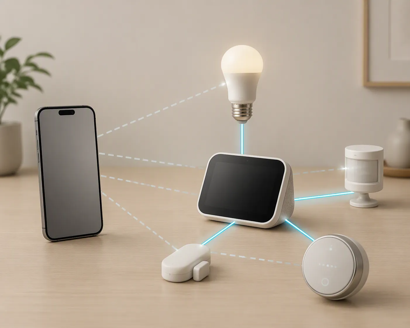 Smartphone and dedicated smart display hub shown beside connected smart-home devices