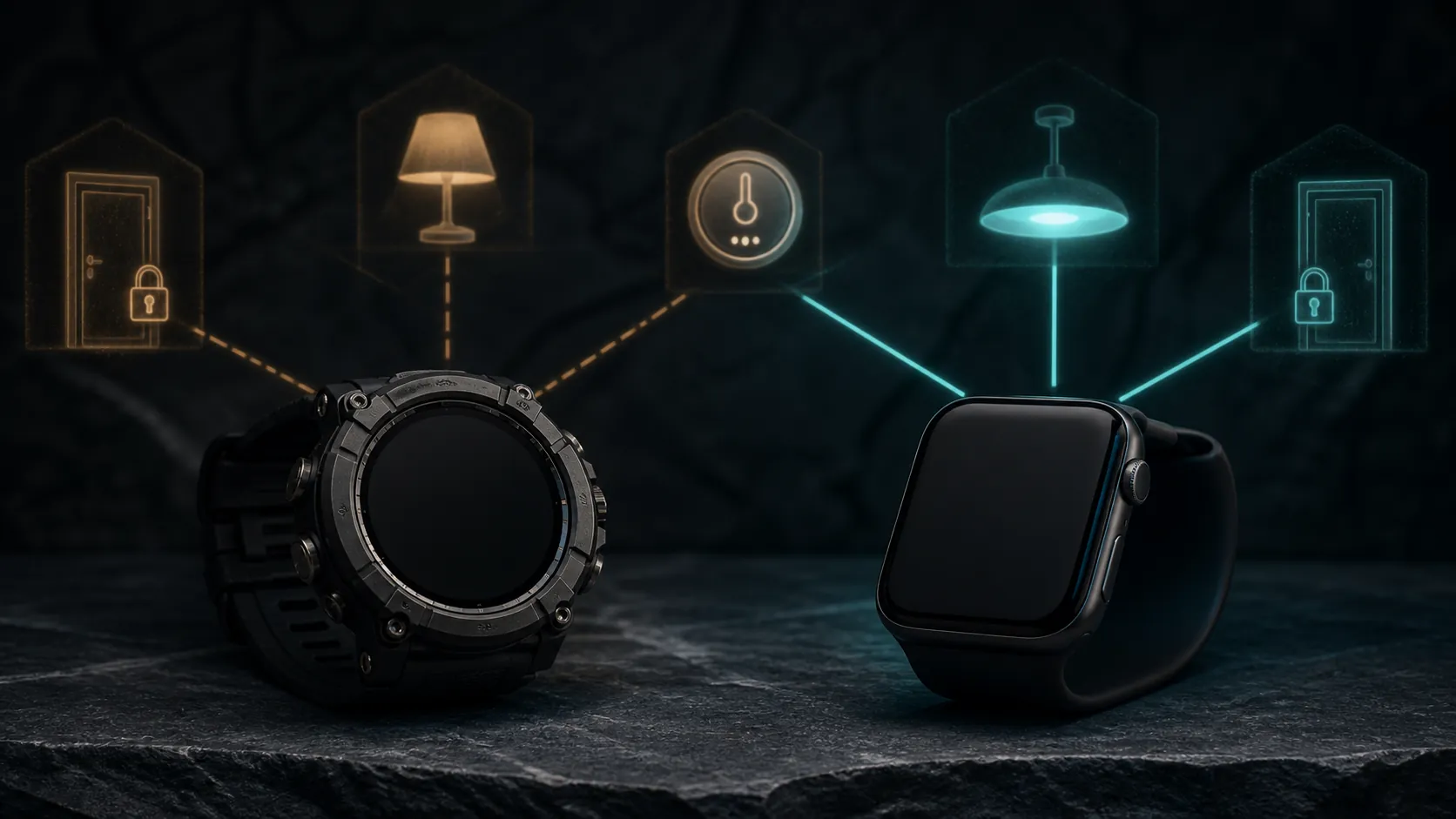 Contrasting rugged Garmin and Apple smartwatches surrounded by smart-home device icons