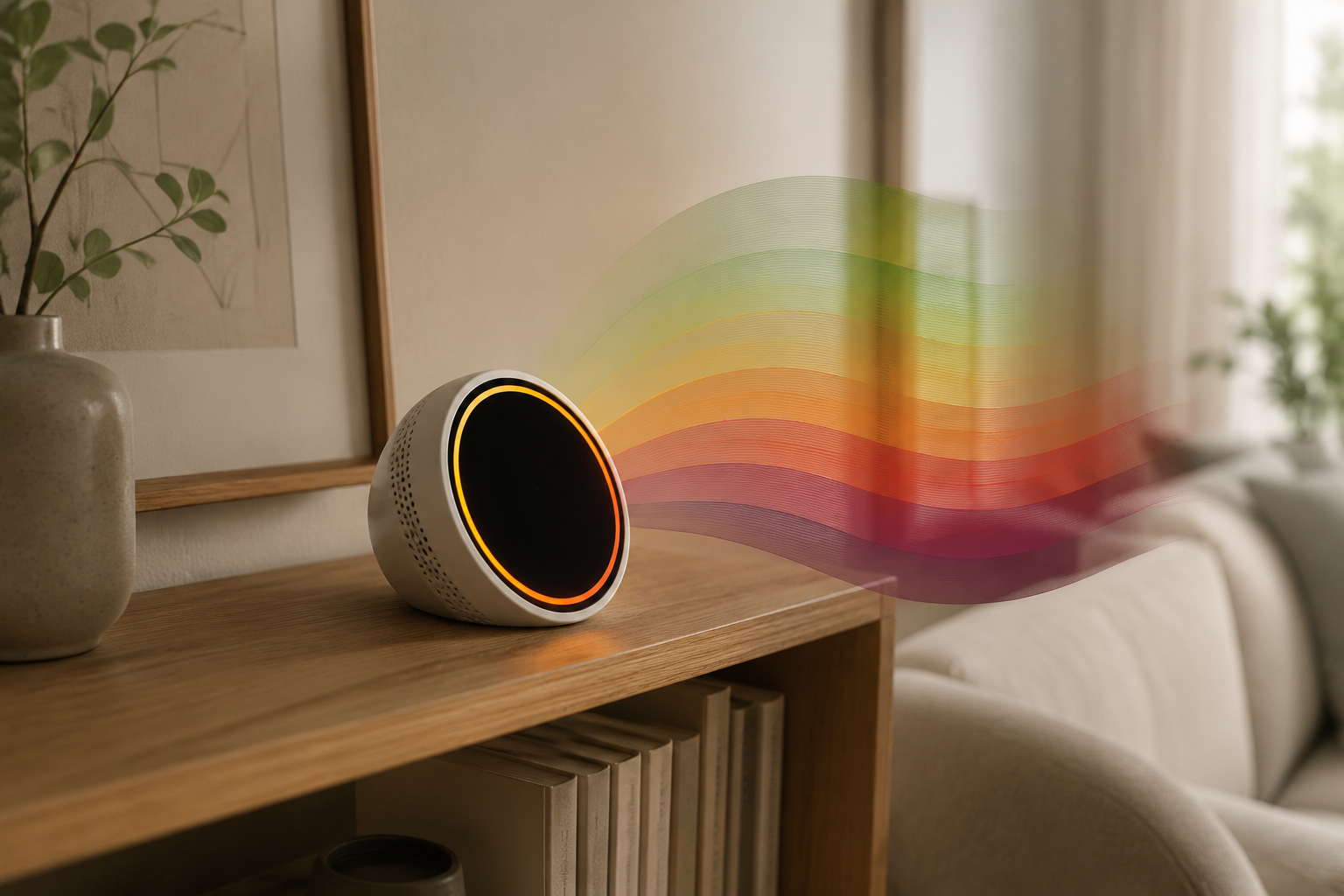 Smart home air quality monitor glowing orange with the six EPA AQI color bands around it