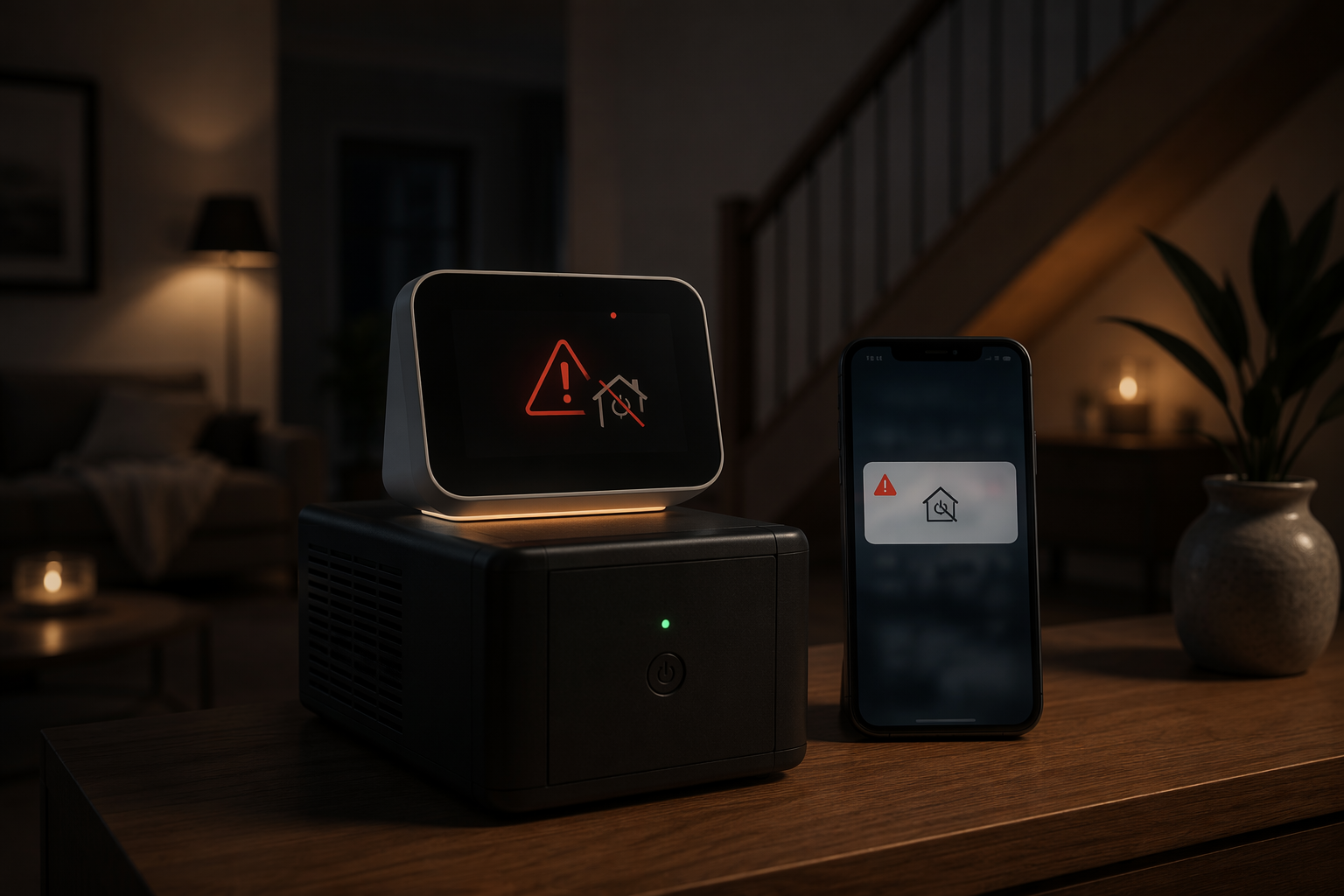 Smart home hub on a UPS showing a power outage alert beside a phone notification