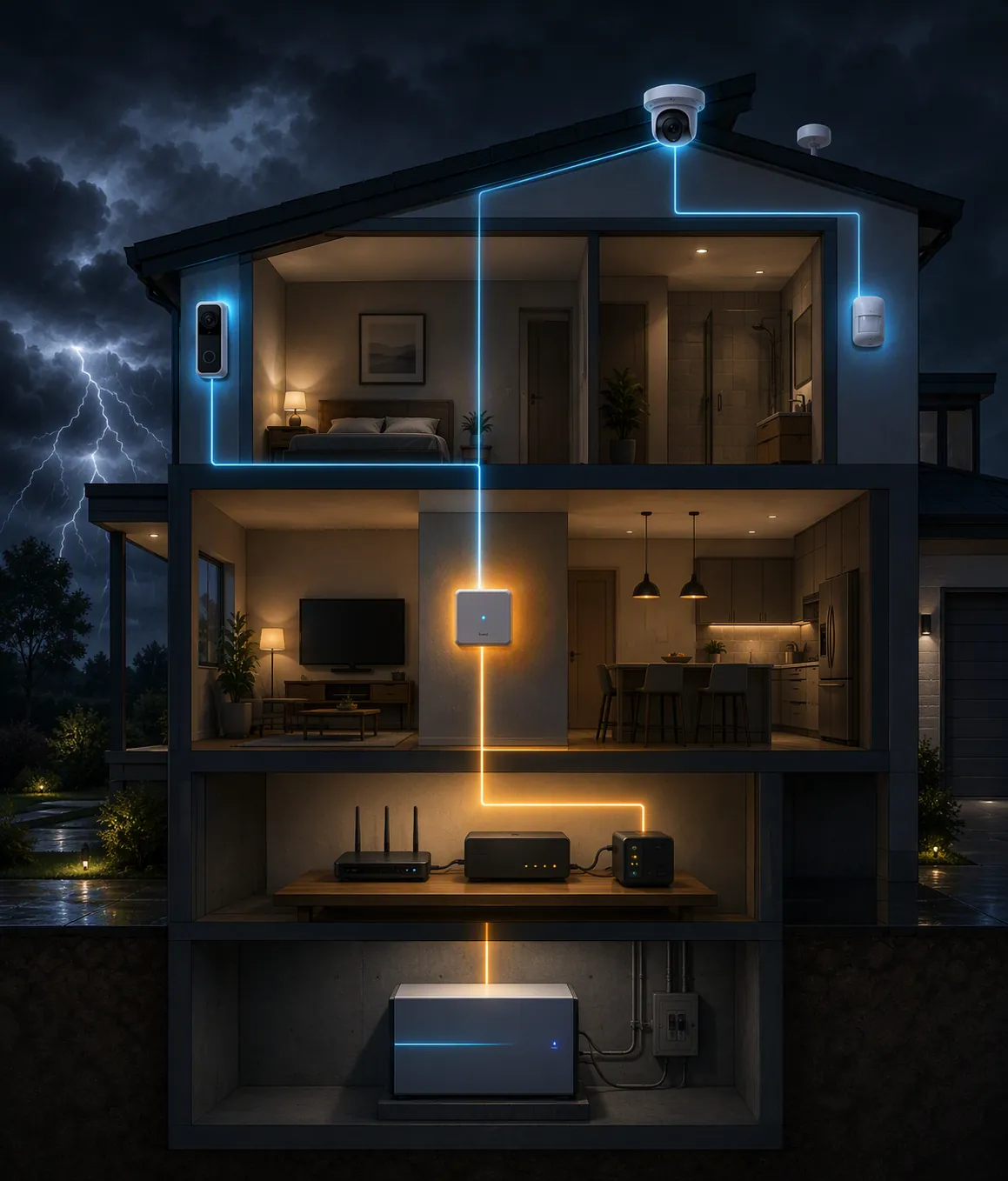 A cross-section of a house during an outage showing a whole-home battery, local hub, router and modem on a UPS, and battery cameras and sensors as four glowing resilience layers