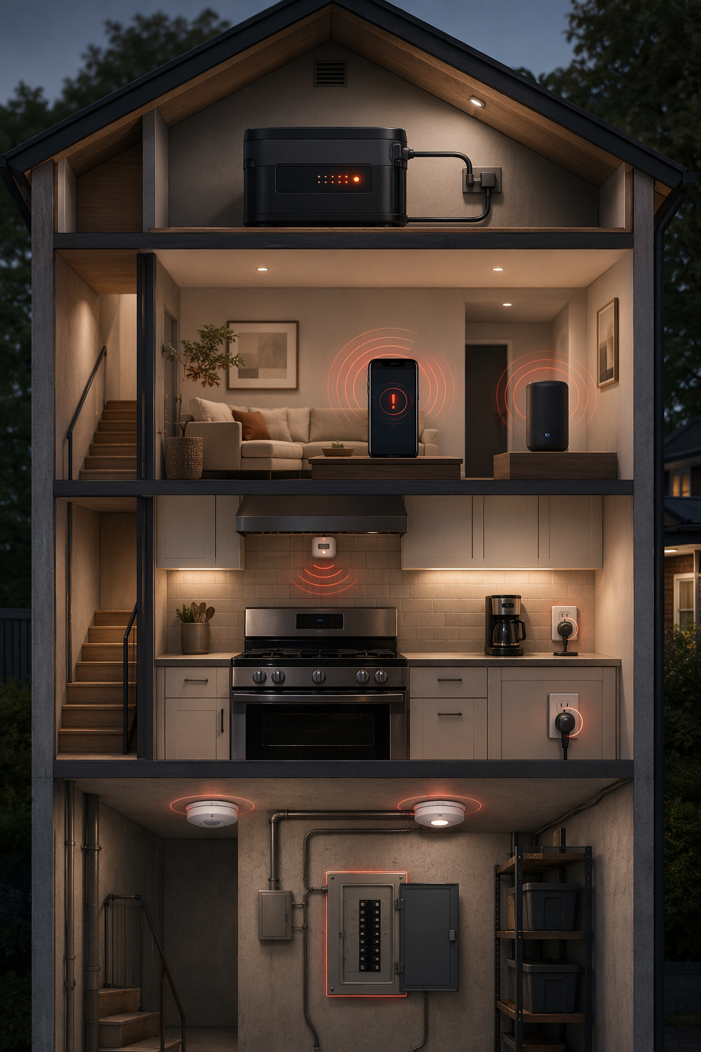 Illustration of smart home fire safety layers including smoke detectors, stovetop shut-off, alerts, and backup battery power