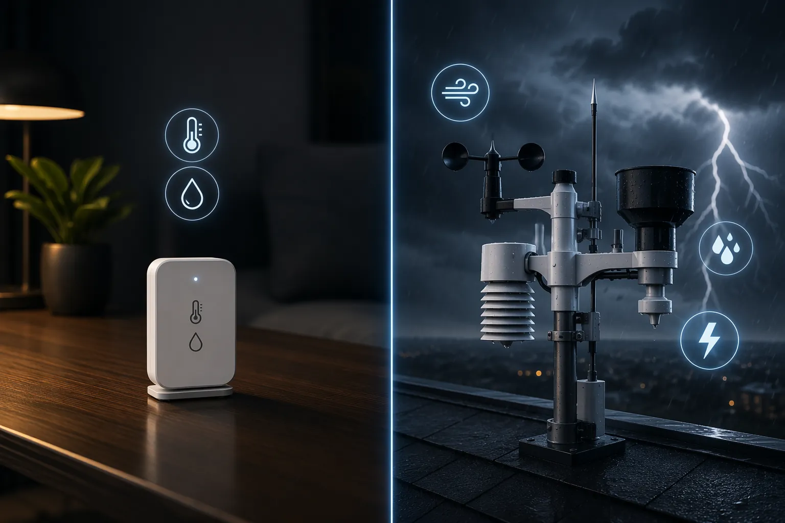 Matter and Thread indoor weather sensor compared with a full outdoor weather station with wind, rain, and lightning measurements