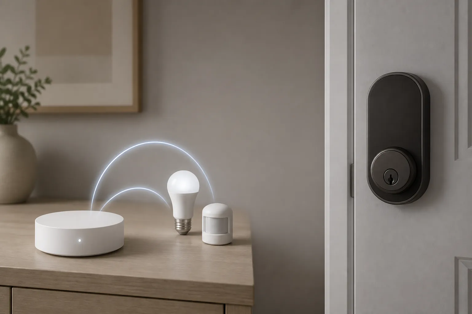 Smart home hub connected to a bulb and sensor while a smart door lock remains unconnected