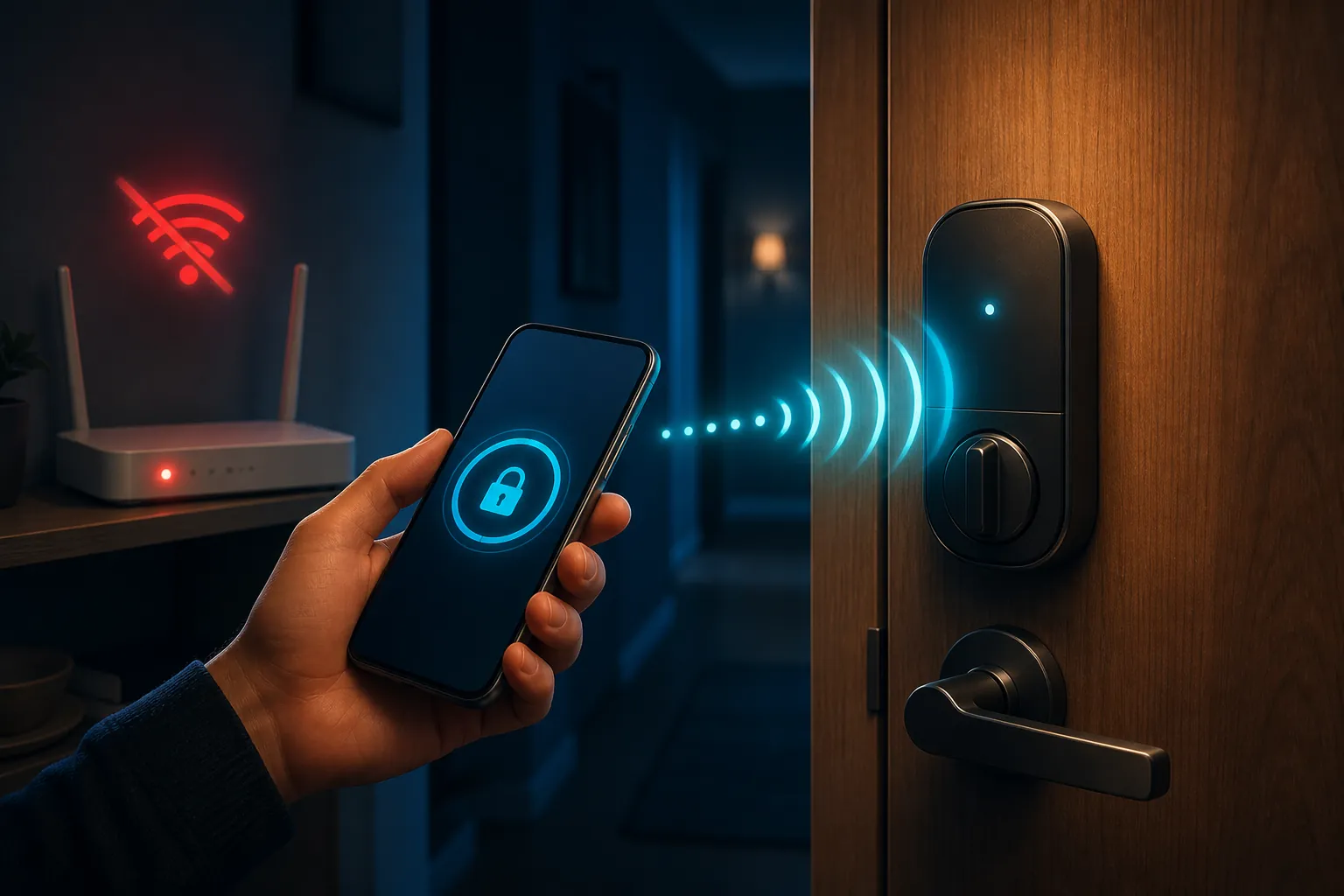 Phone controlling a smart front-door lock directly while a nearby router shows a disconnected indicator