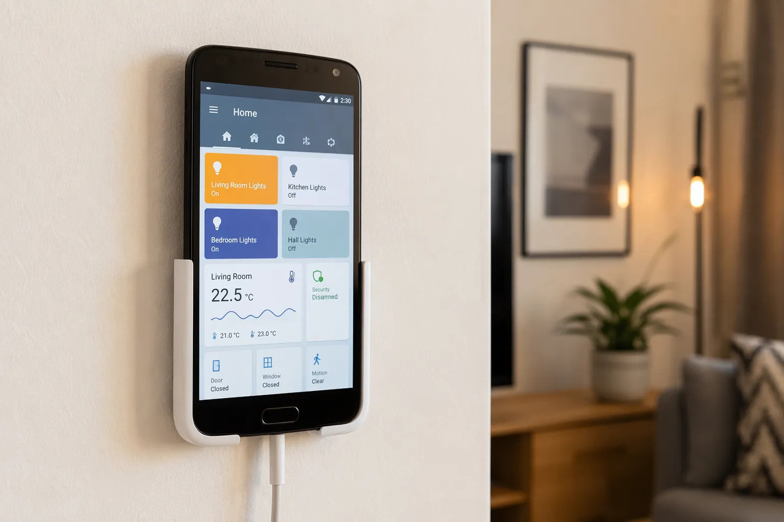 Old smartphone mounted on a wall showing a Home Assistant dashboard with a neatly routed power cable