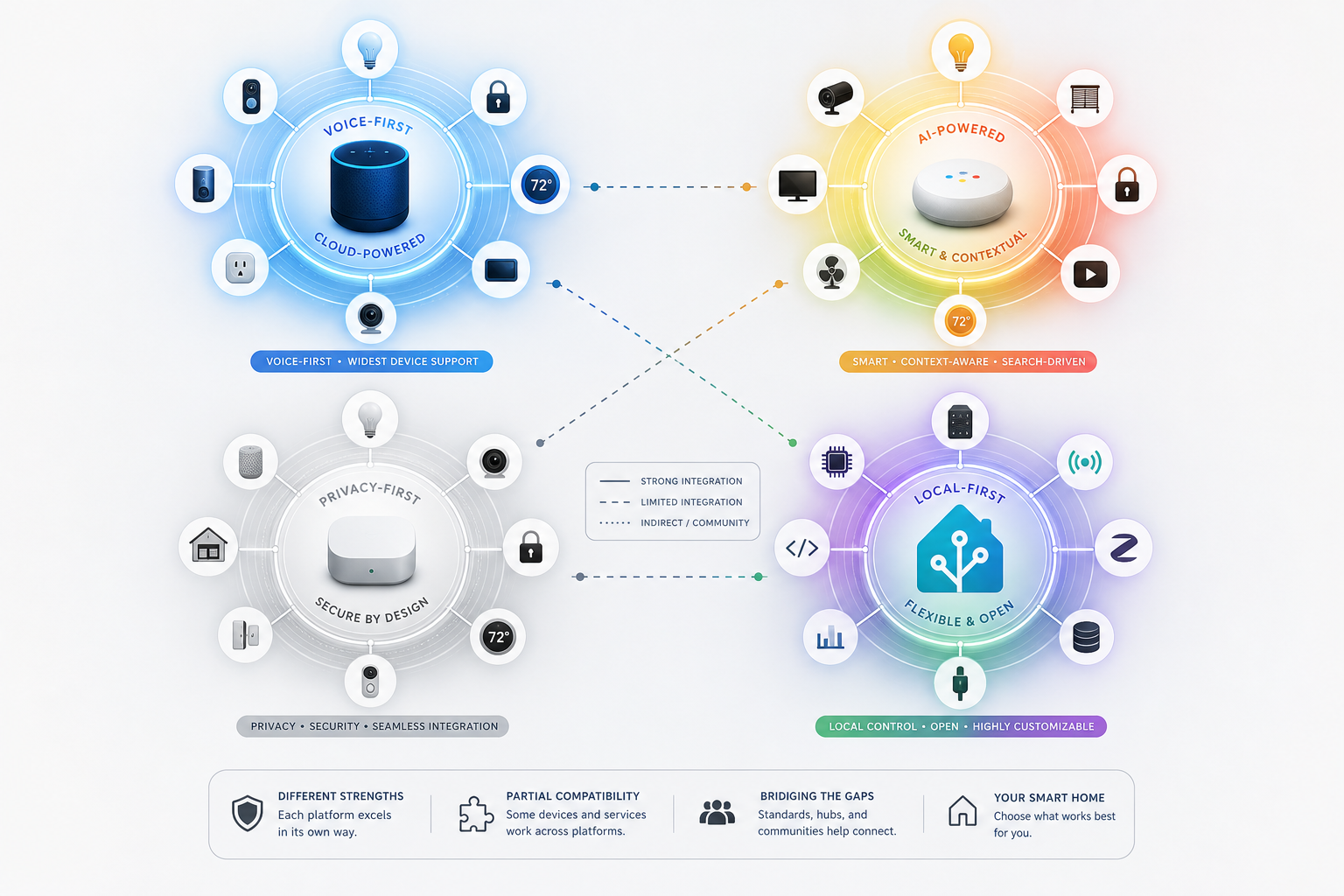 Four distinct glowing circles in blue, warm multi-color, silver-white, and green-purple each surrounded by small abstract device icons including a light bulb, lock, speaker, and thermostat, with subtle connection lines between some circles, representing four smart home ecosystems on a light background.