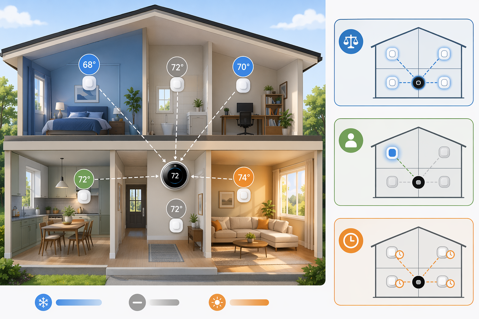 Two-story home showing thermostat and room sensors using average, occupancy priority, and schedule modes