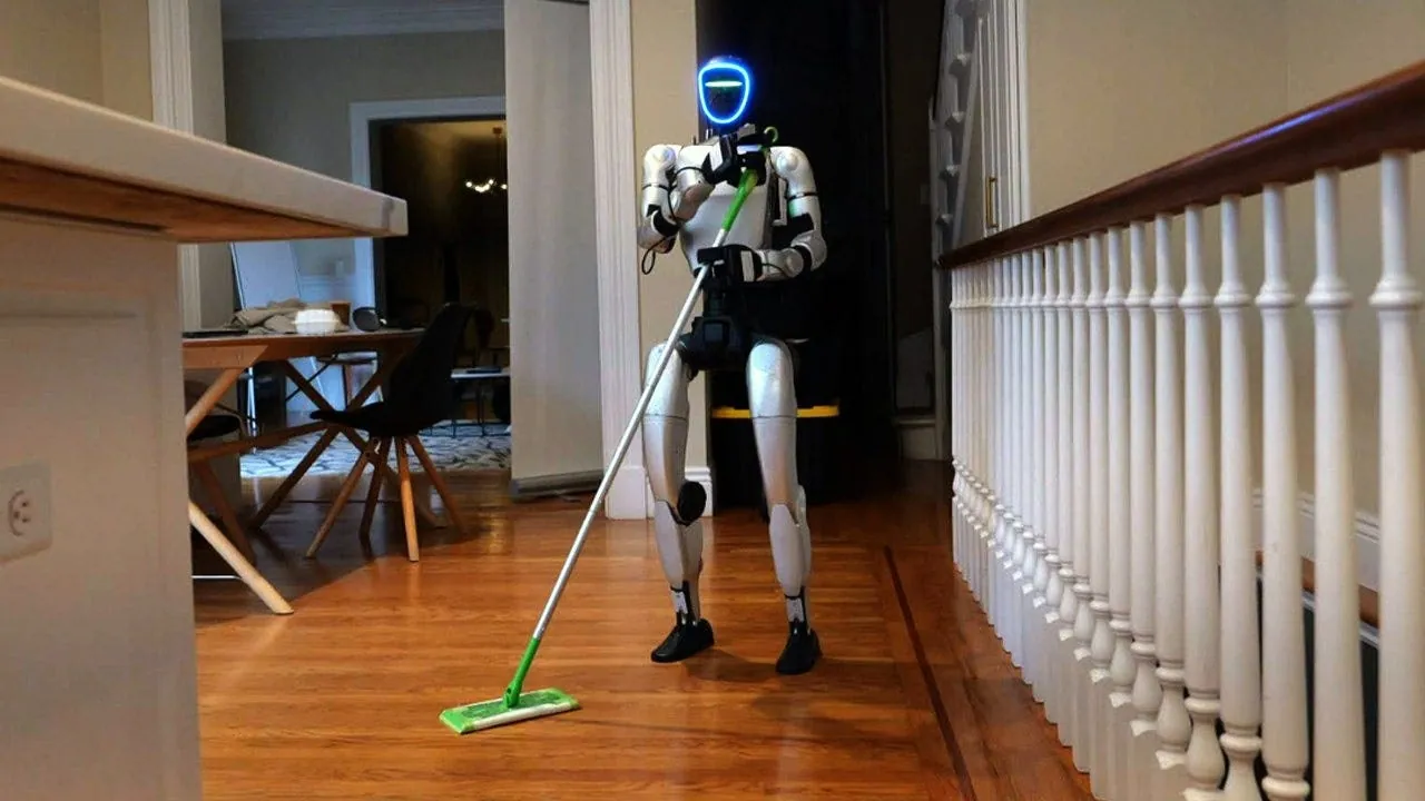 Gatsby humanoid robot inside an apartment during coverage of the flat-rate home-cleaning service