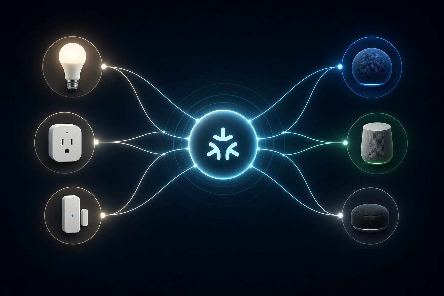 Matter and Thread hub connecting smart bulbs, plugs, and sensors across multiple platforms