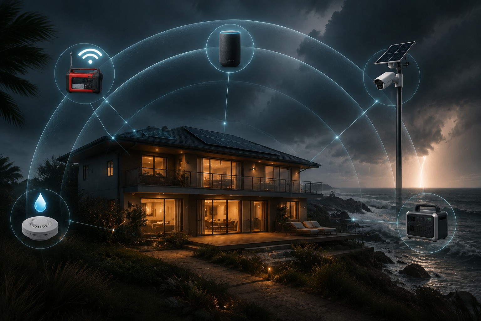 Coastal home under a storm sky protected by layered hurricane alert devices