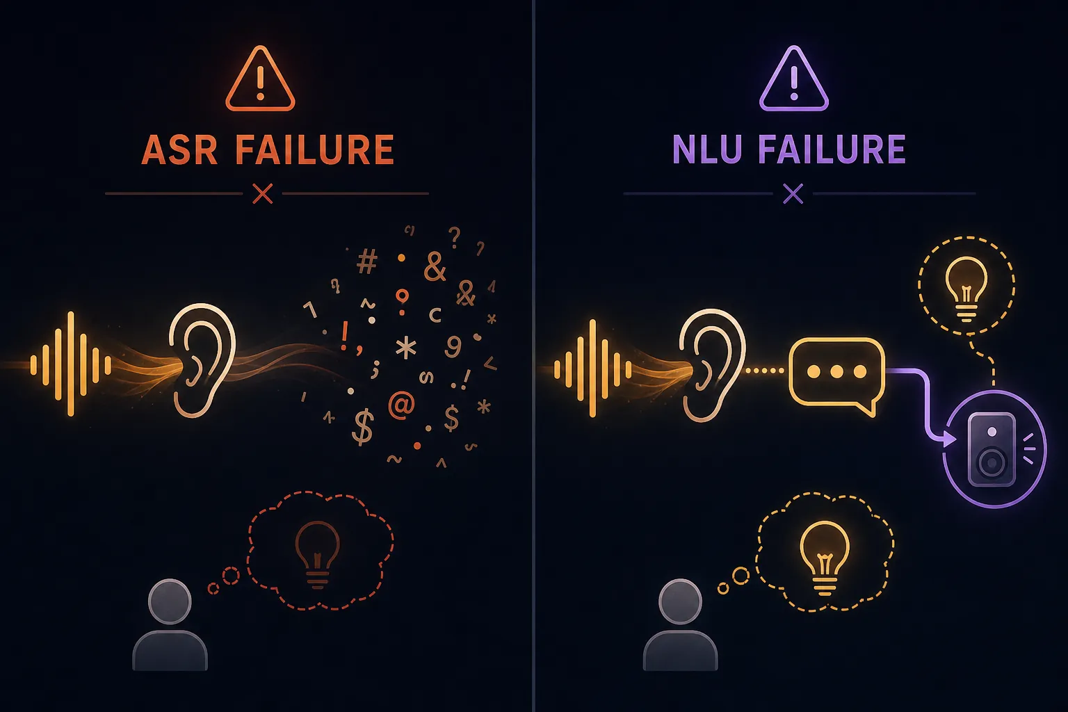 Comparison of speech recognition mishearing and correct text being matched to the wrong smart home device