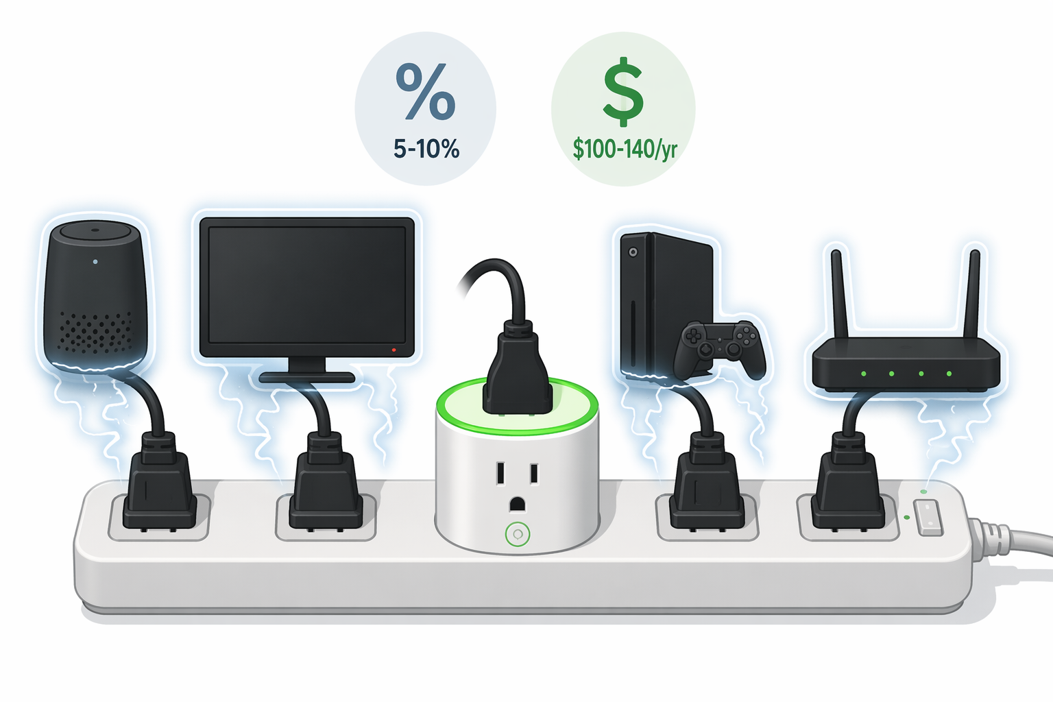 Smart plug stopping standby electricity waste from devices connected to a power strip