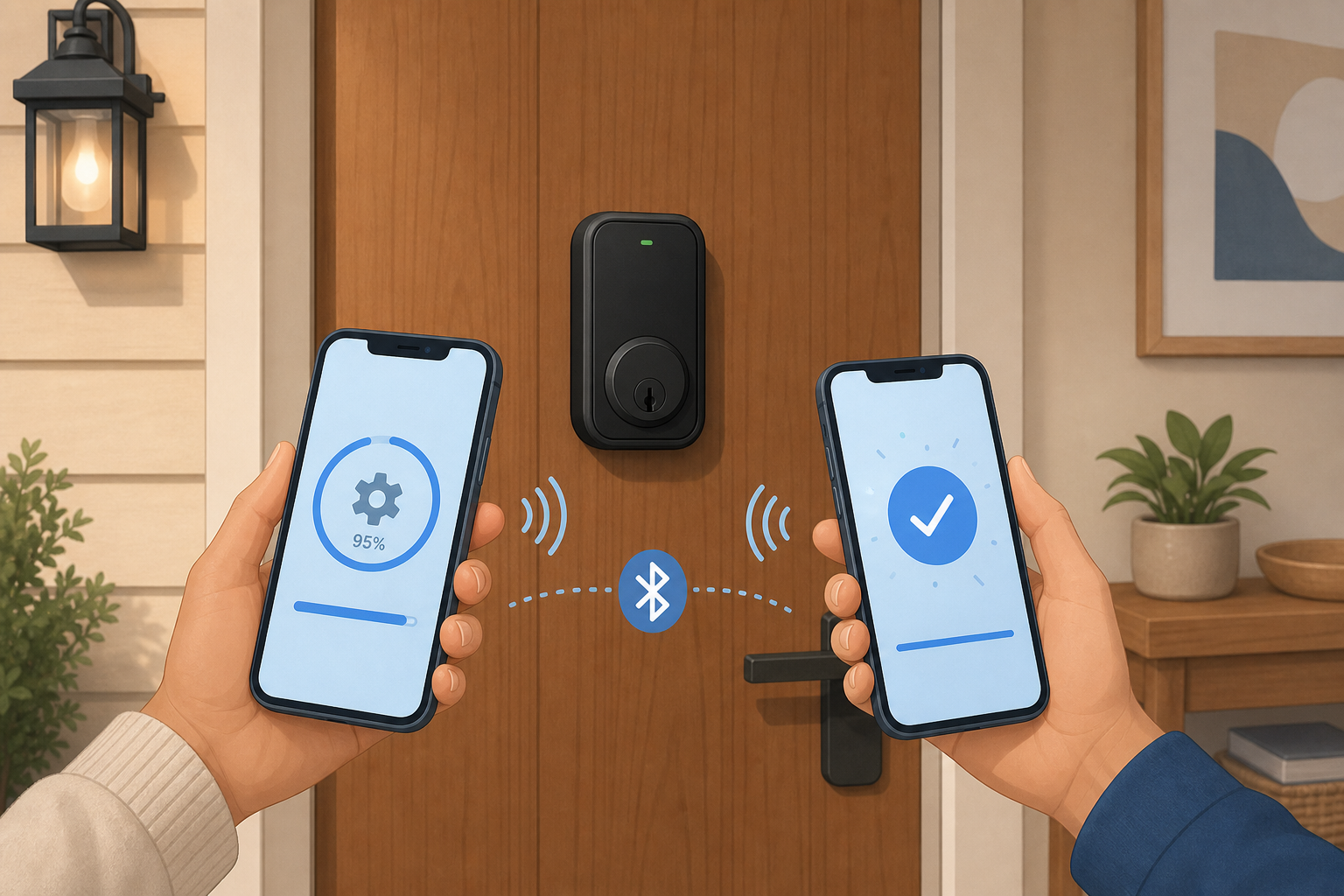 Flat illustration showing a smart lock on a door with two phones nearby — one shows a firmware update progress bar at 95%, the other shows 'Update Complete'. Bluetooth icons connect the phones to the lock.