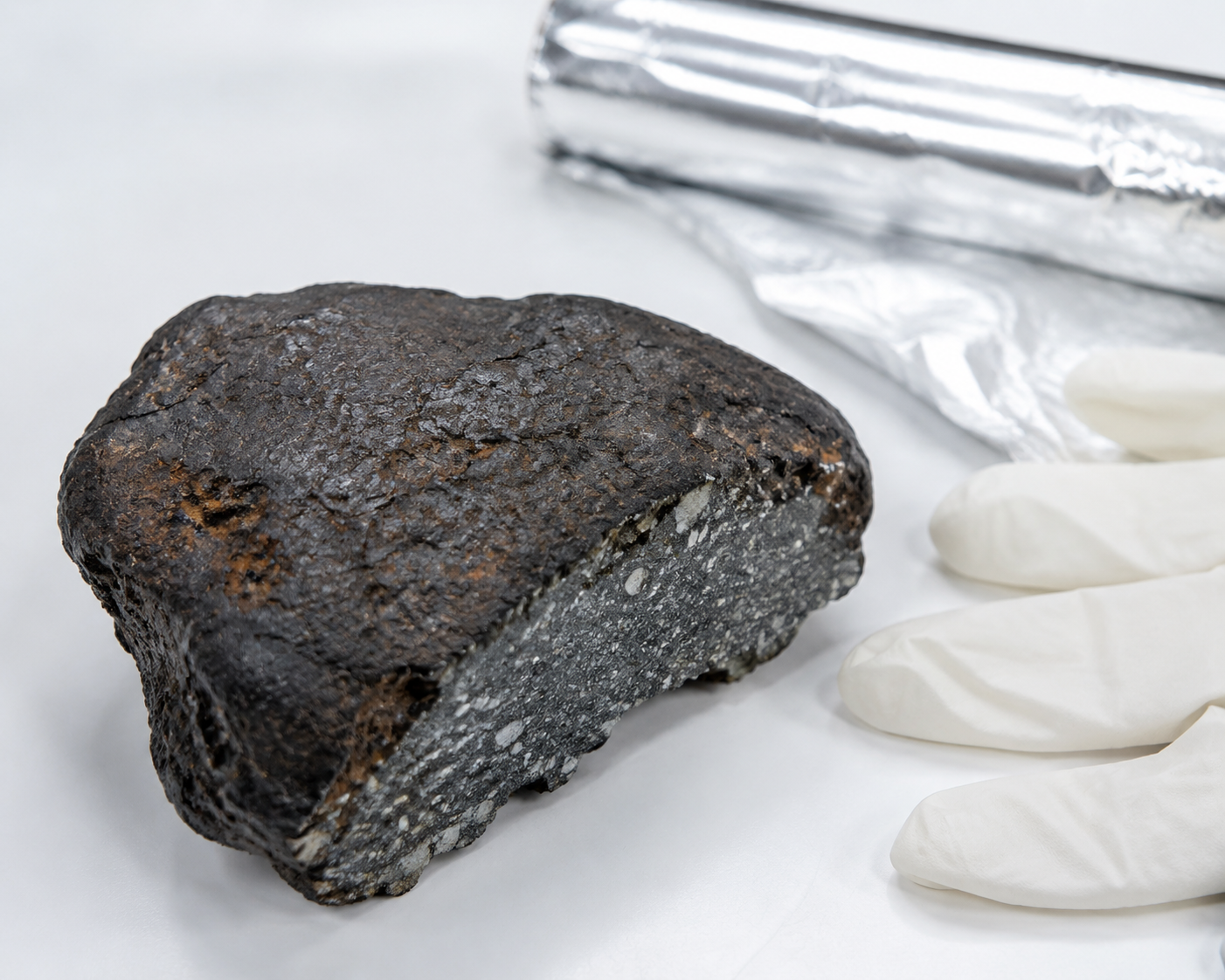 Dark meteorite fragment on a clean laboratory surface with nitrile gloves and aluminum foil nearby