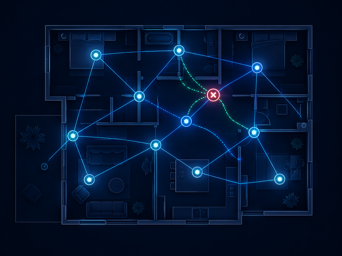 Dark-background editorial illustration of a self-healing Thread mesh network topology within a minimal home floor plan outline, with glowing circular nodes connected by blue lines, one crossed-out node indicating failure, and alternative connection paths curving around it.