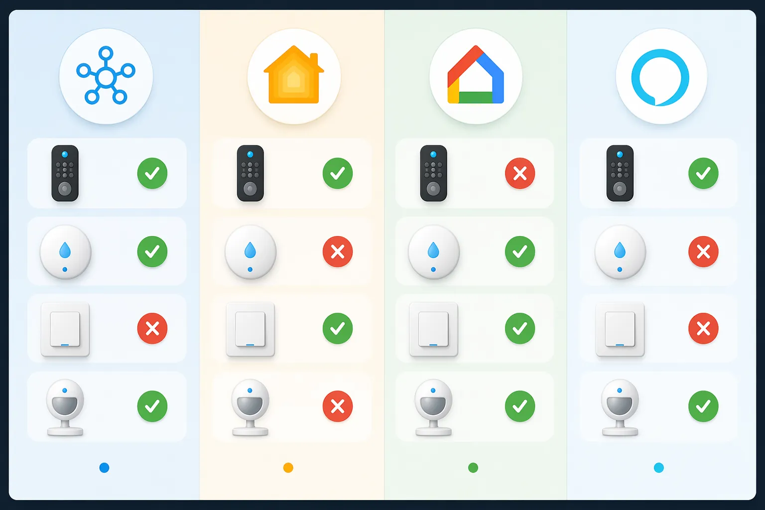 Smart home platforms supporting different subsets of Matter device types with checkmarks and error marks