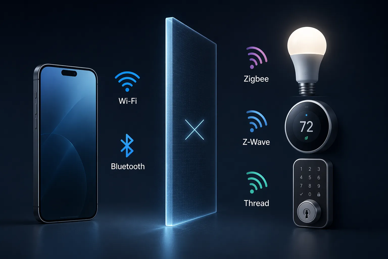 A smartphone separated from Zigbee, Z-Wave, and Thread smart home devices by a radio protocol barrier