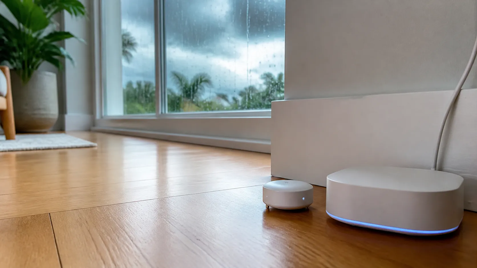 Compact white flood sensor beside a smart-home hub near a rain-streaked window