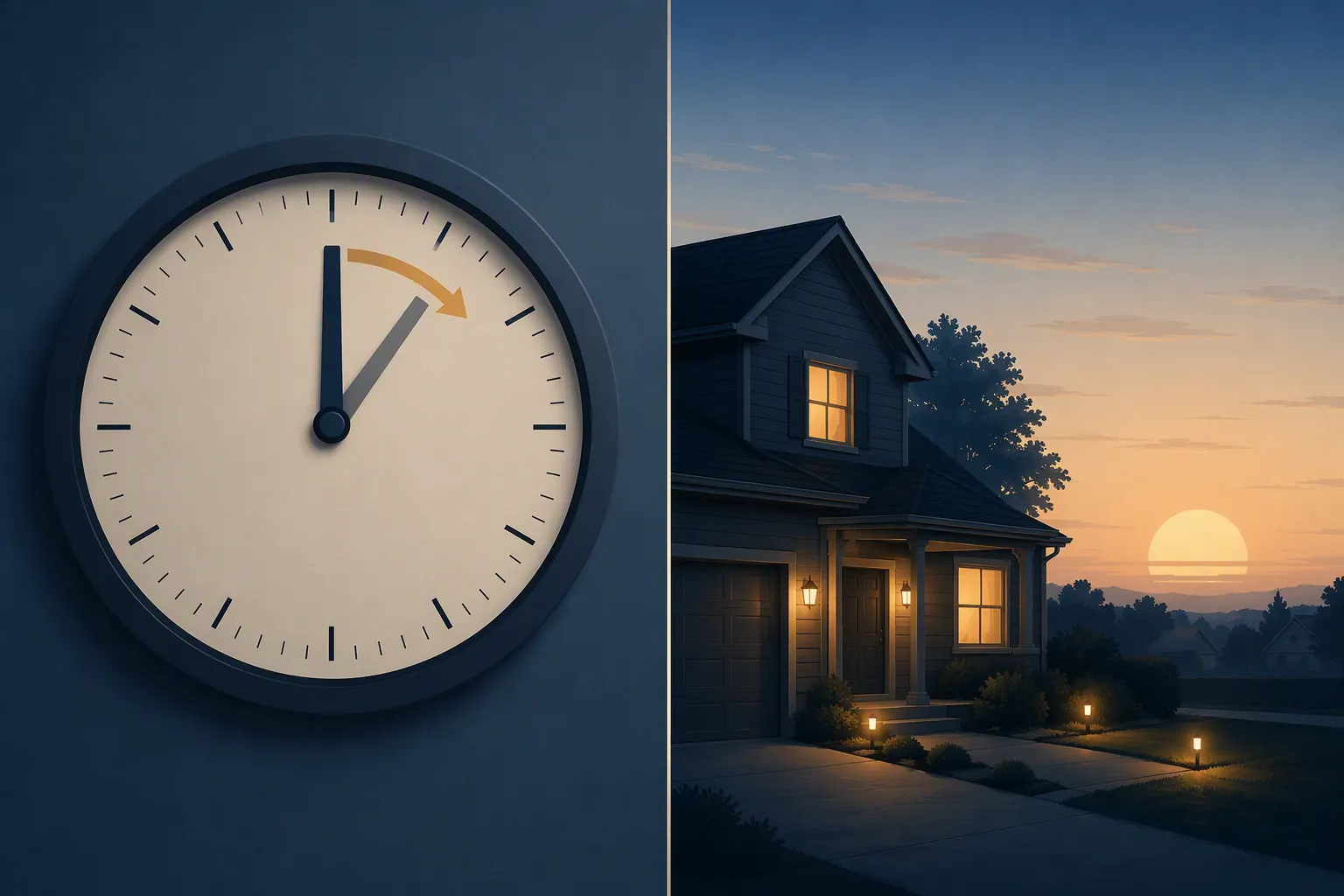 Split illustration showing a clock shifted by one hour beside a house with lights stuck on an old sunrise time