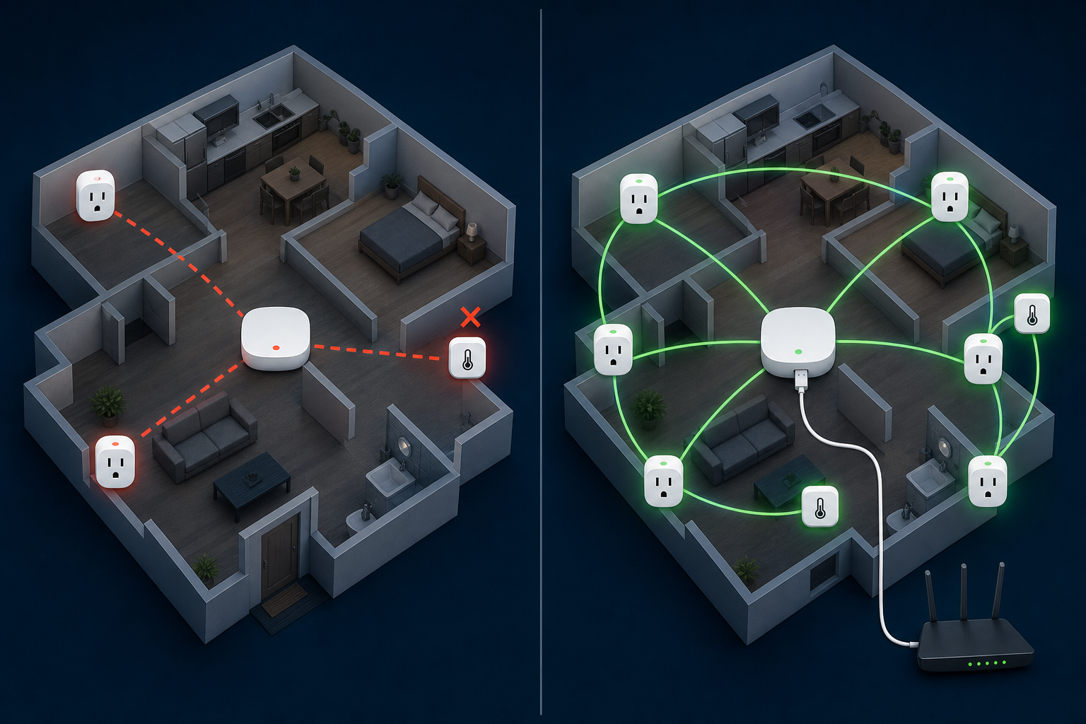 Isometric home floor plan showing a sparse broken Zigbee mesh on the left with dashed red signal lines and an offline sensor, contrasted with a healthy dense mesh on the right with evenly distributed router nodes and green signal arcs.