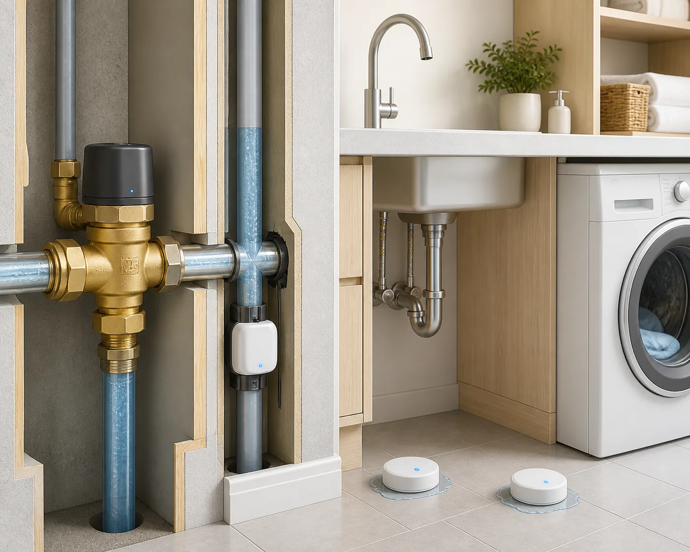 Cutaway smart water-protection setup with a shutoff valve, flow monitor, and leak sensors near a sink and washing machine