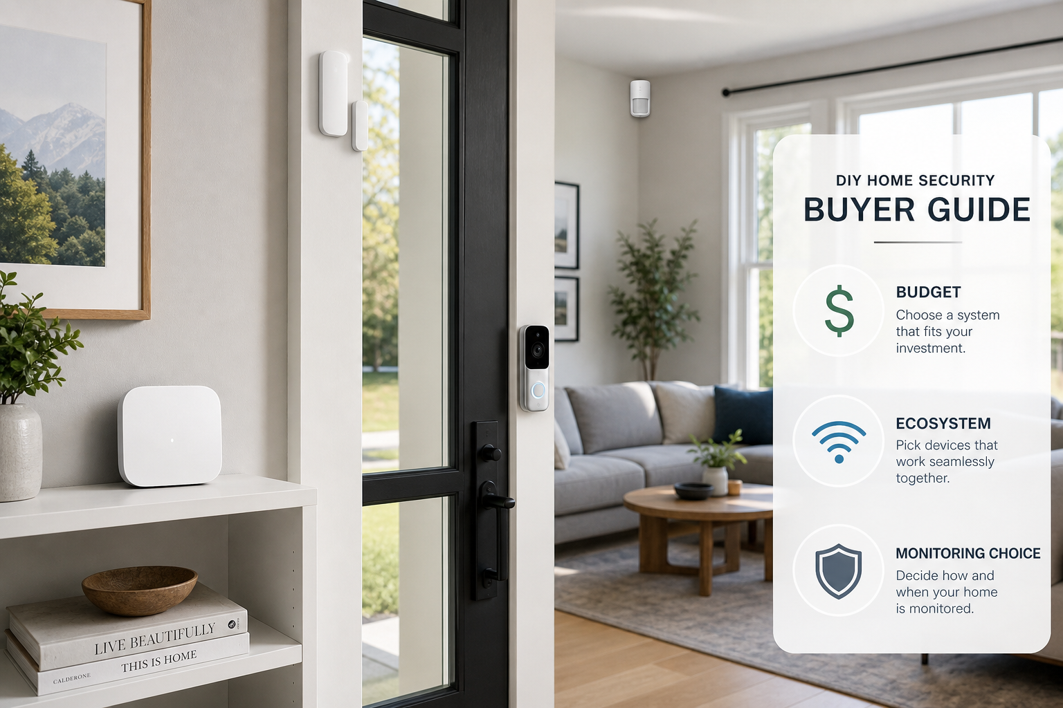 Modern residential entryway with DIY security components including a base station, contact sensors, motion sensor, and video doorbell, with a decision framework icon panel overlay