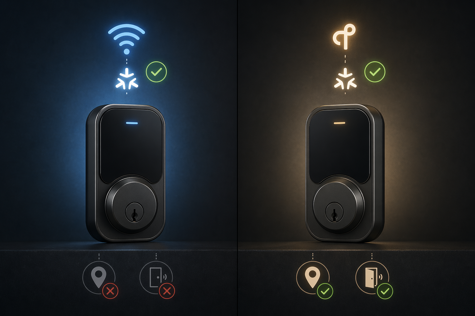 Side-by-side comparison of Wi-Fi and Thread Matter smart lock feature trade-offs