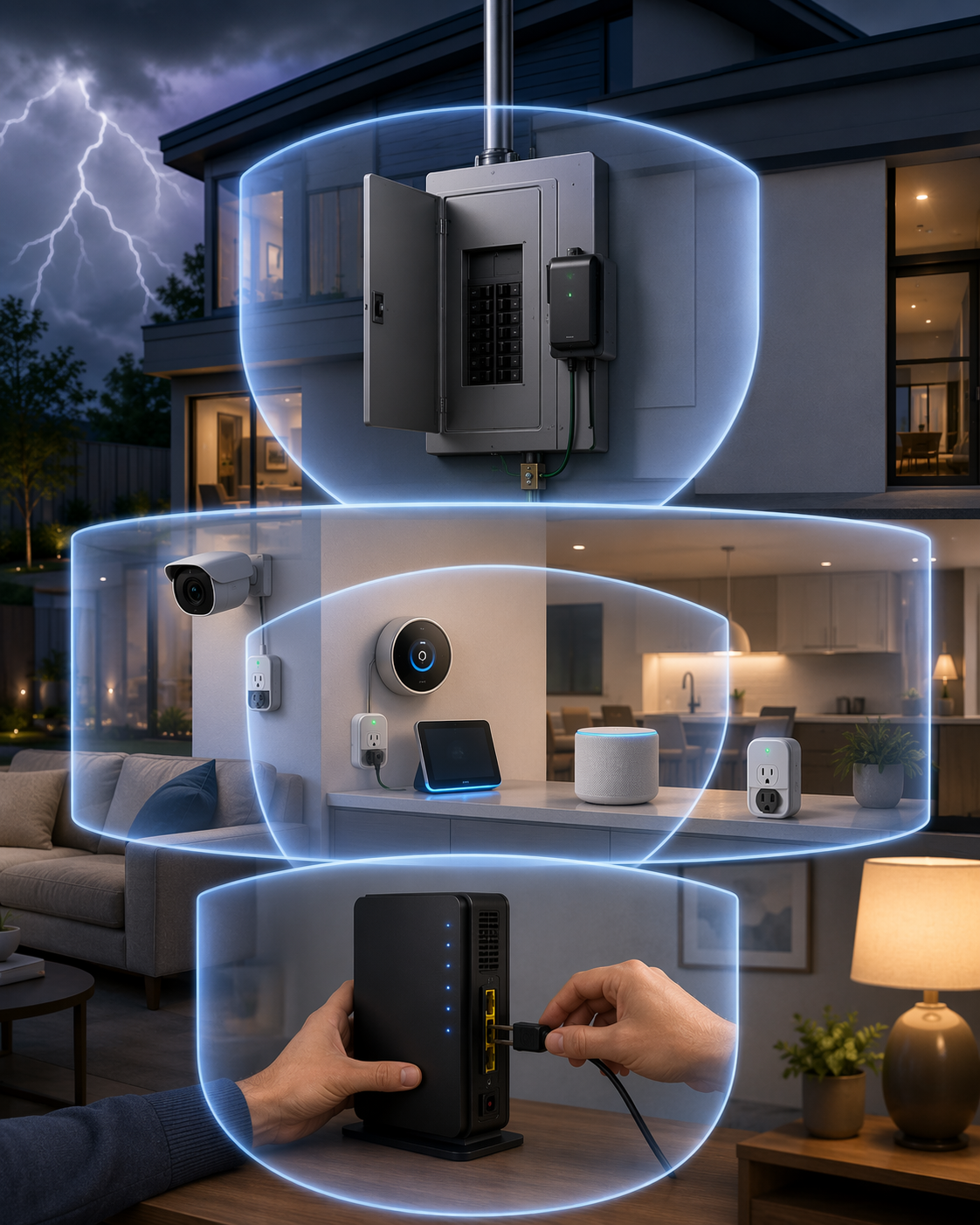 Modern smart home protected by panel-level surge protection, point-of-use protectors, and a pre-storm unplugging routine