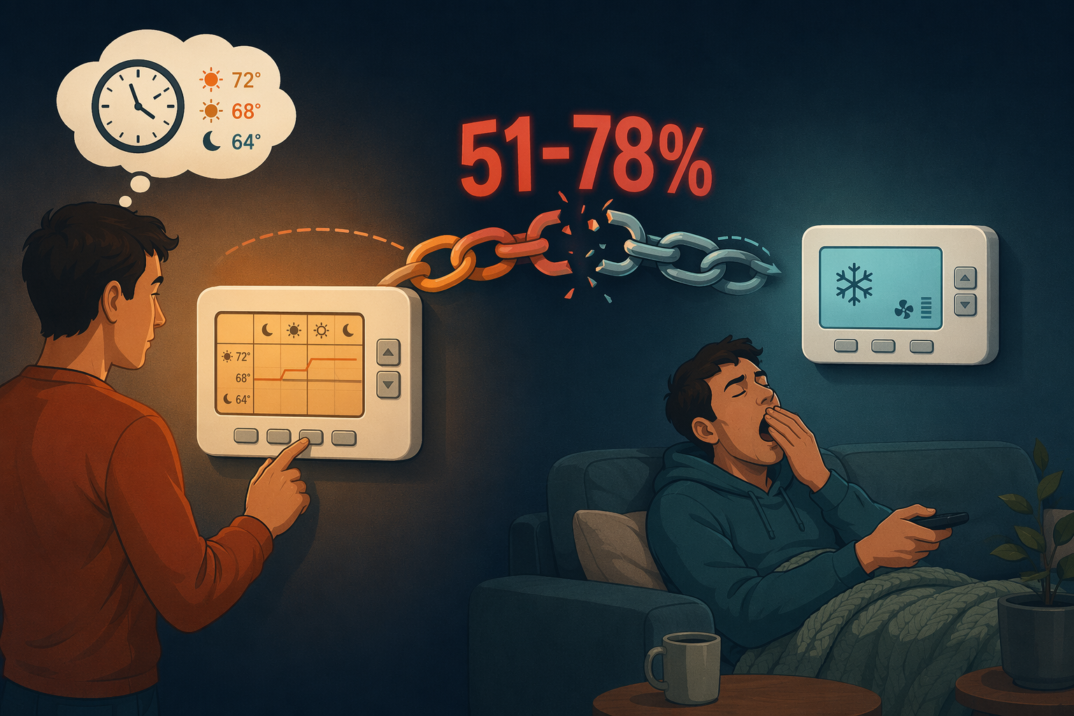 Conceptual illustration showing a person overriding a programmable thermostat schedule, with a large 51-78% override rate symbol and a broken chain between the thermostat and the person.