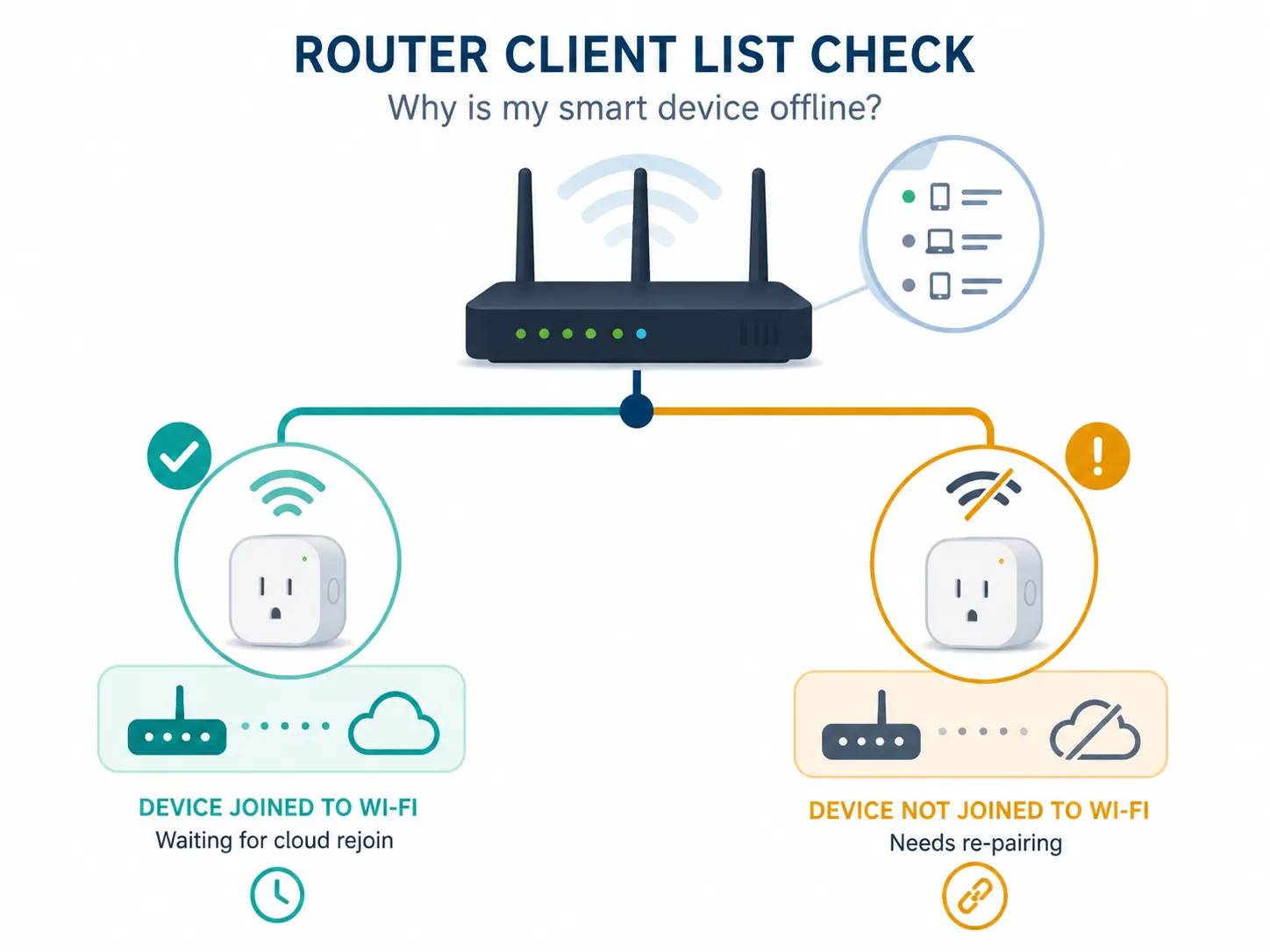 Infographic of a router client-list diagnostic fork showing a connected device path and a not-joined Wi-Fi path