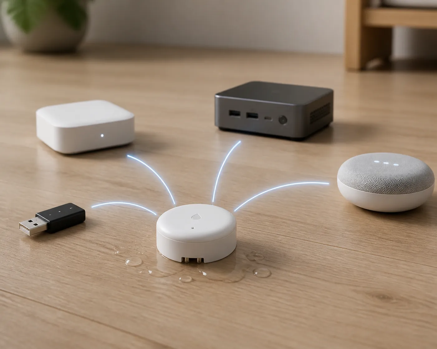 A white flood-sensor puck surrounded by several smart-home hubs, showing that the sensor must match the hub already in the home