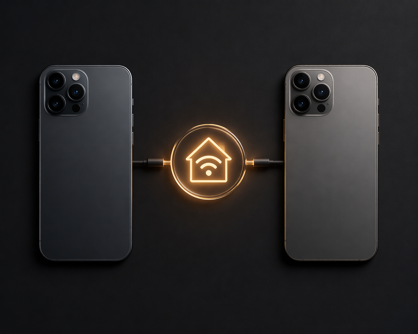 Two modern smartphone silhouettes beside a glowing smart home icon and wireless signal symbol, shown in balanced parity.