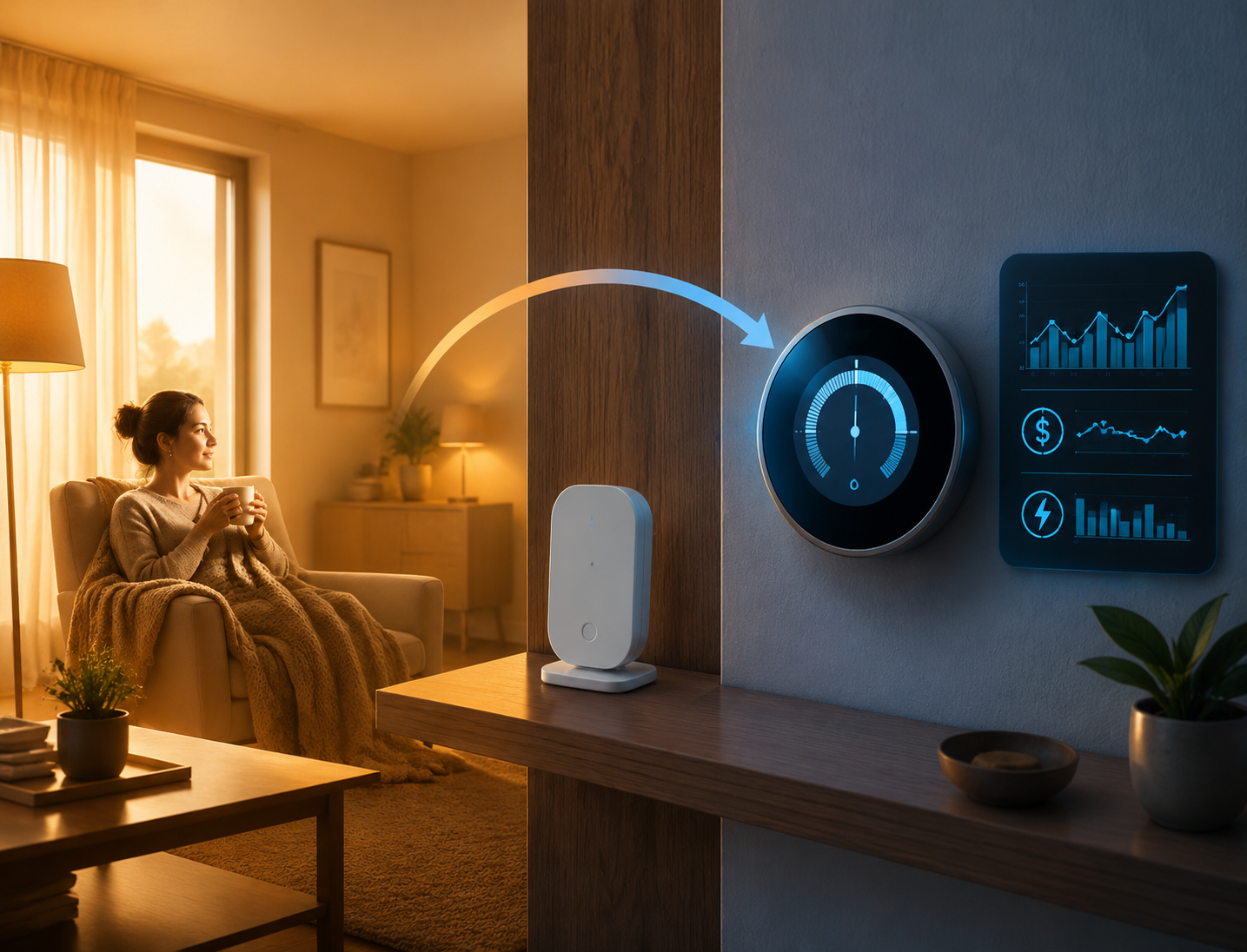 A warm living room, a cool thermostat area, and a wireless sensor showing the tradeoff between comfort and energy cost