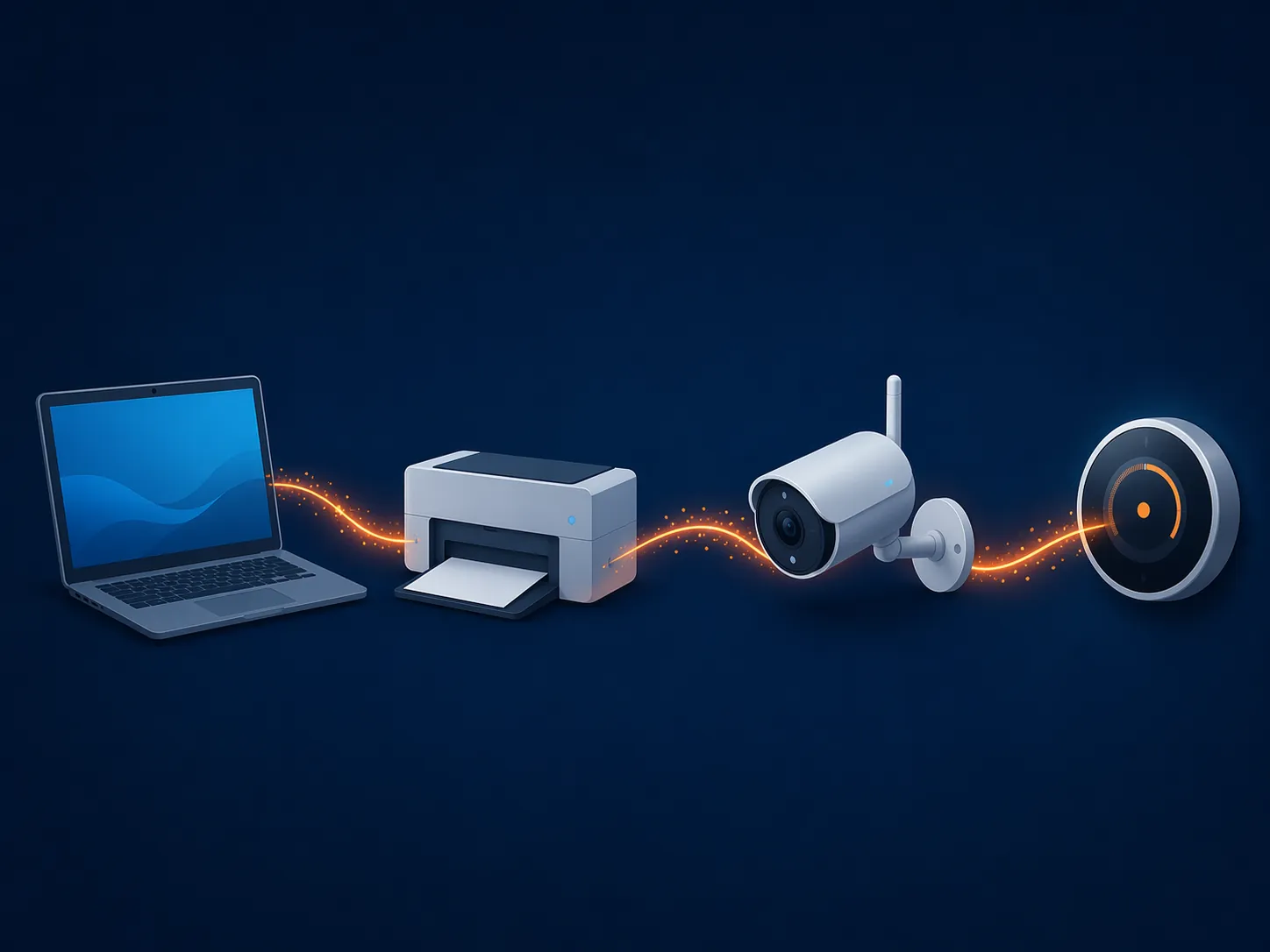 Laptop, printer, security camera, and smart thermostat connected by propagation lines