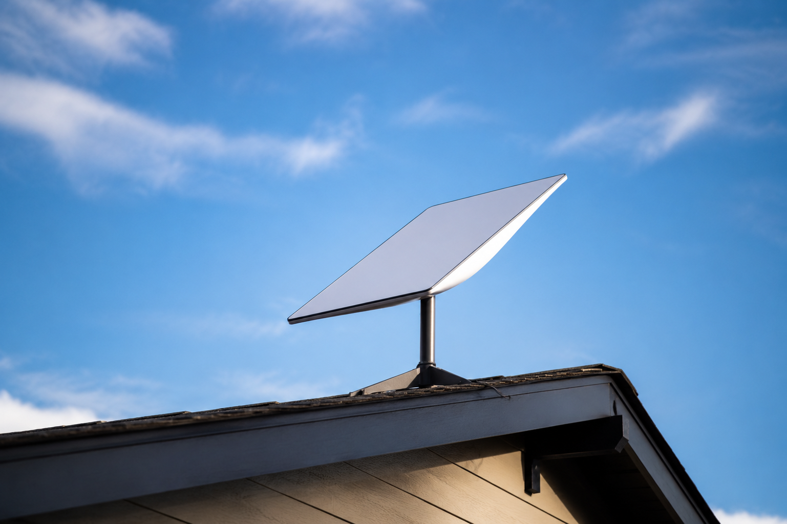 Starlink Gen 3 dish mounted on the peak of a residential roof under a clear blue sky