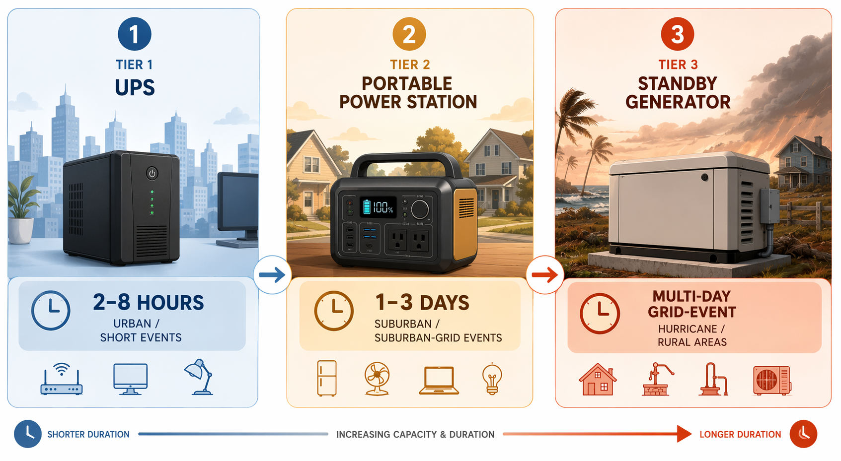 Three-tier comparison of UPS, portable power station, and standby generator backup options
