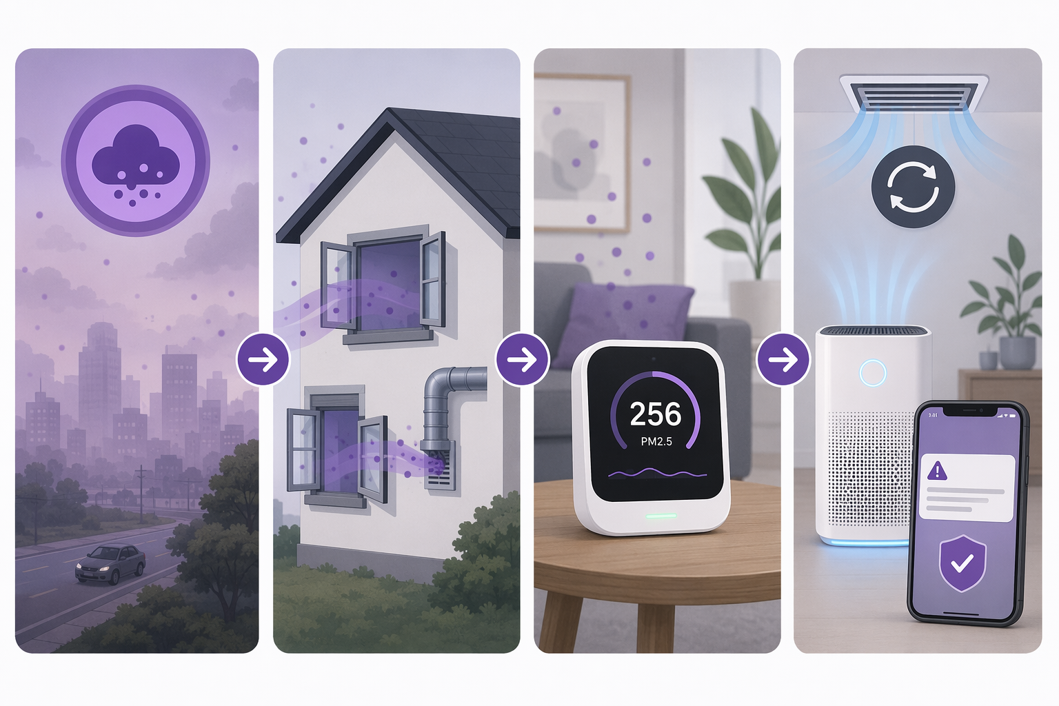 Infographic showing Code Purple outdoor smoke entering a home, an indoor monitor detecting PM2.5, and automations triggering a purifier, HVAC recirculation, and phone alert