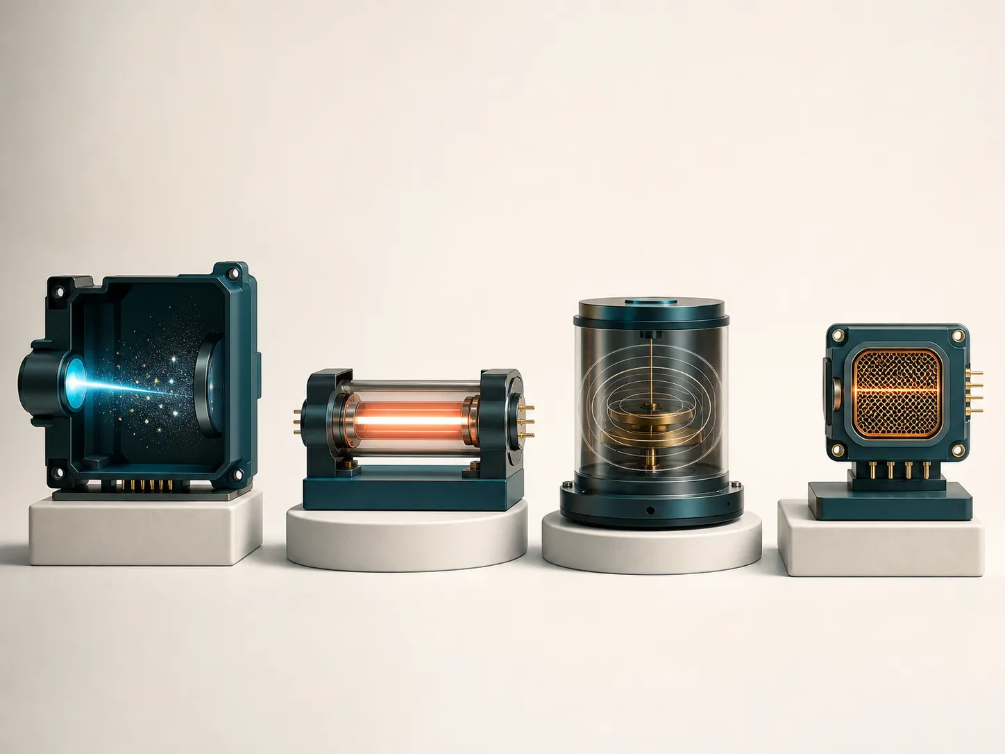 Four air quality sensor modules showing laser particle counting, NDIR CO2, radon alpha spectrometry, and a metal oxide gas sensor