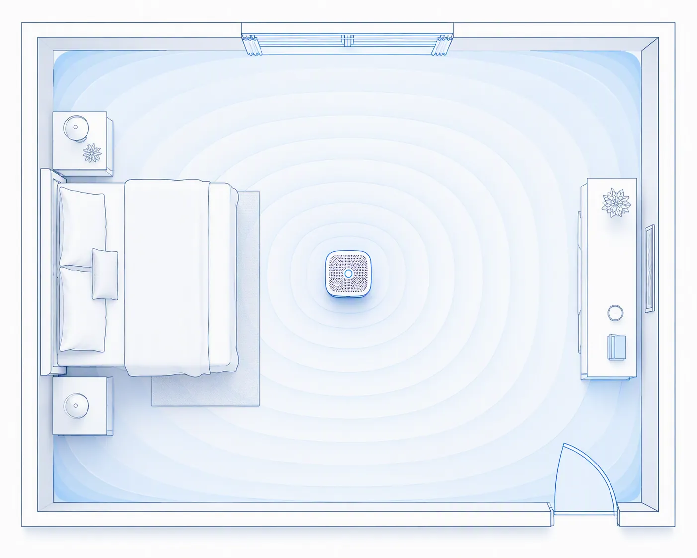 Bedroom floor plan showing purifier airflow reaching the full room