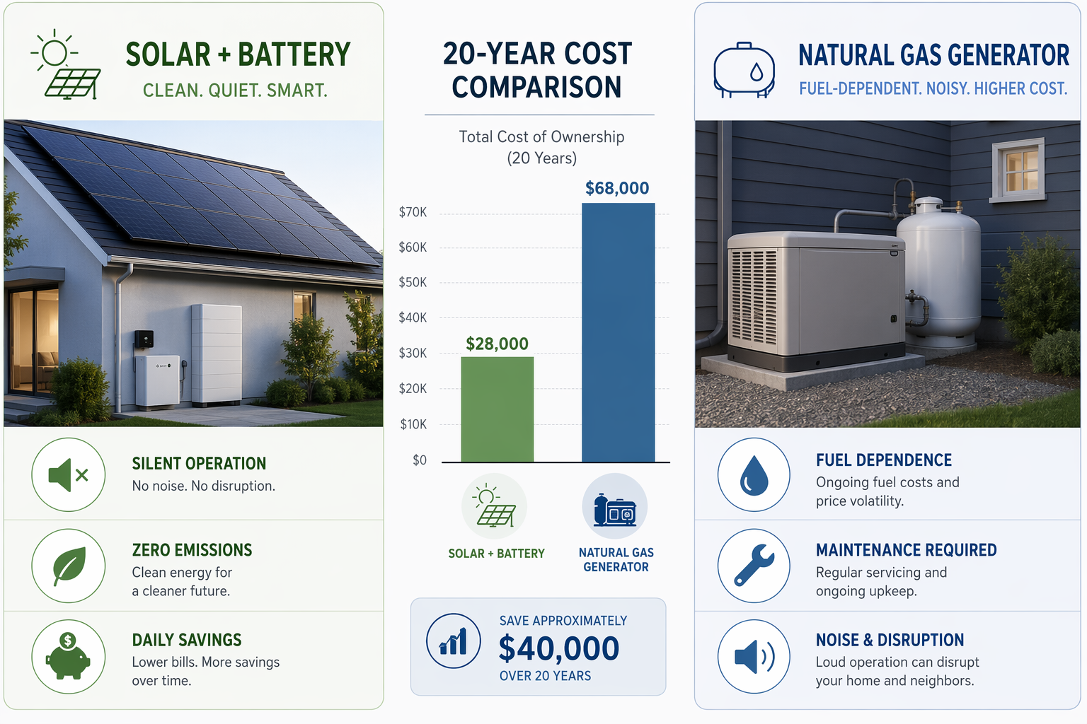 Side-by-side comparison of solar-plus-battery and generator backup systems with a 20-year cost bar graph