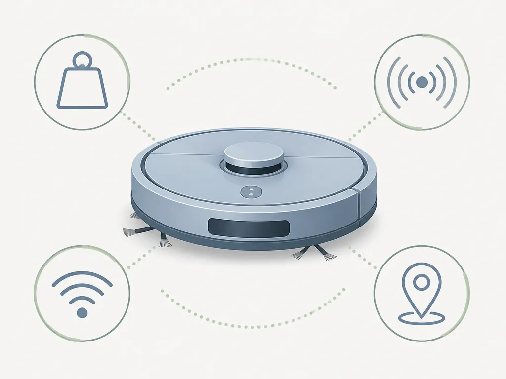 Editorial illustration of a robot vacuum surrounded by icons for weight, sensing, Wi-Fi, and navigation