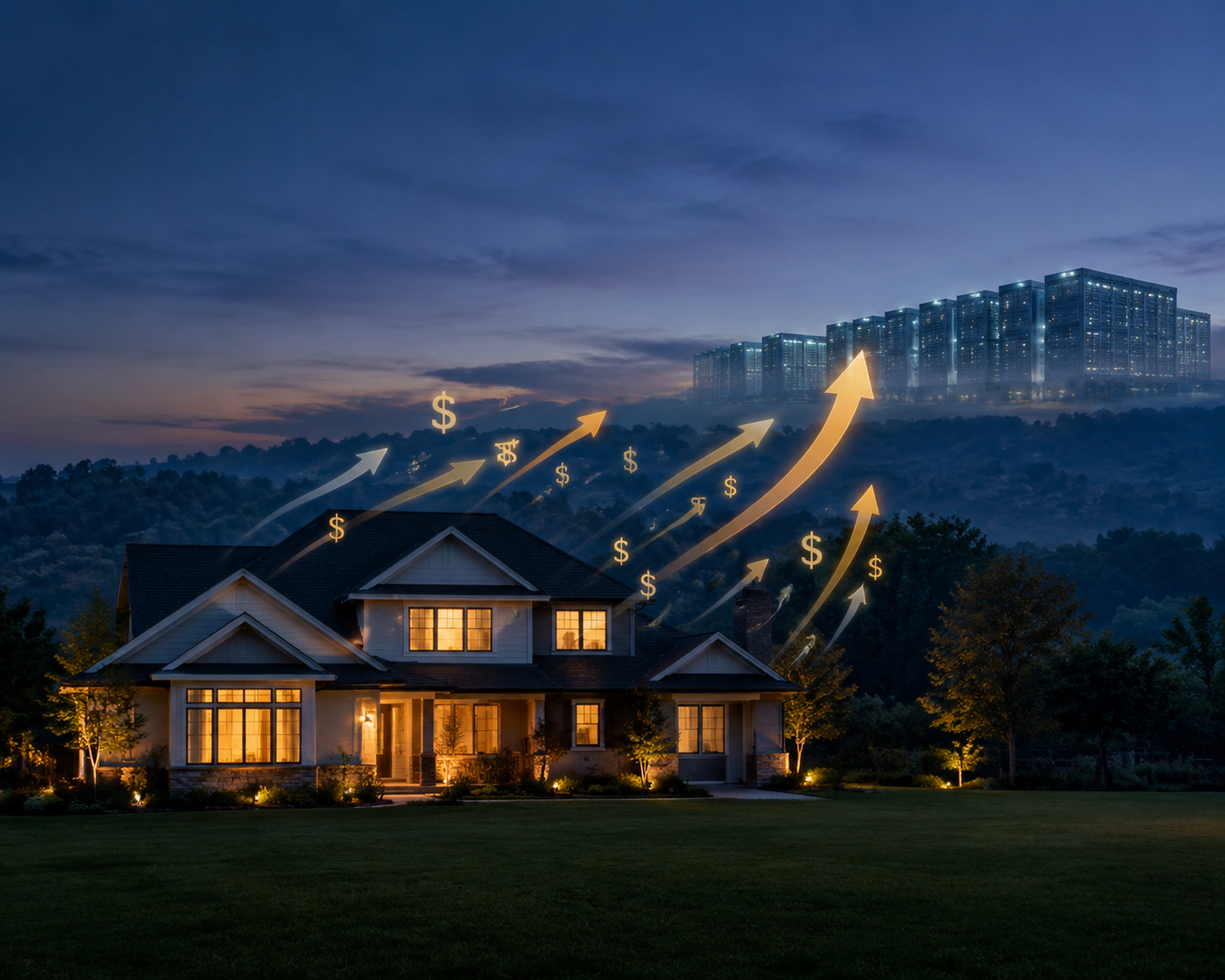 A house at dusk with glowing arrows and dollar signs drifting toward a distant data center skyline