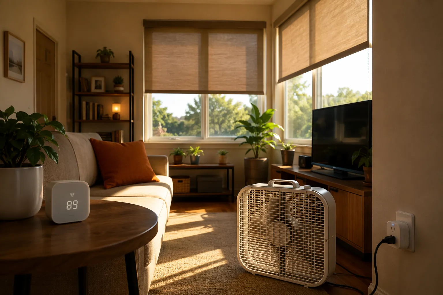 Living room with smart roller shades, a box fan on a smart plug, and a temperature sensor during a hot sunny day