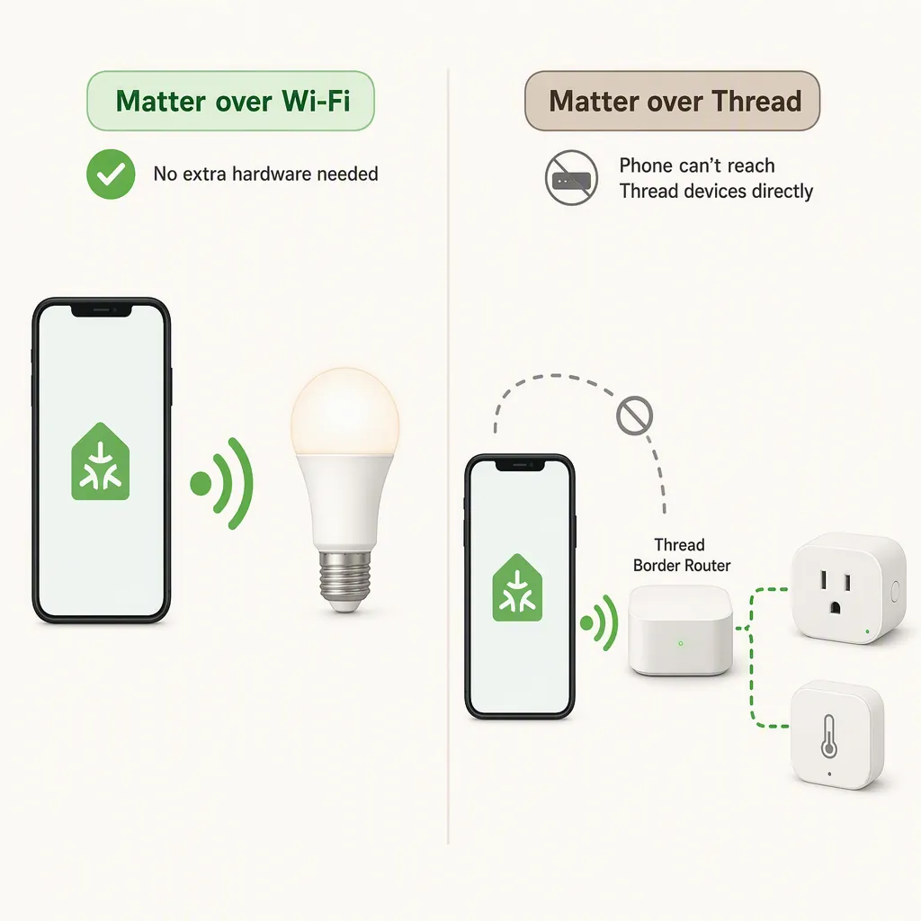 Comparison of direct Matter-over-Wi-Fi control and Matter-over-Thread control through a separate Thread Border Router, with NFC unavailable on the phone