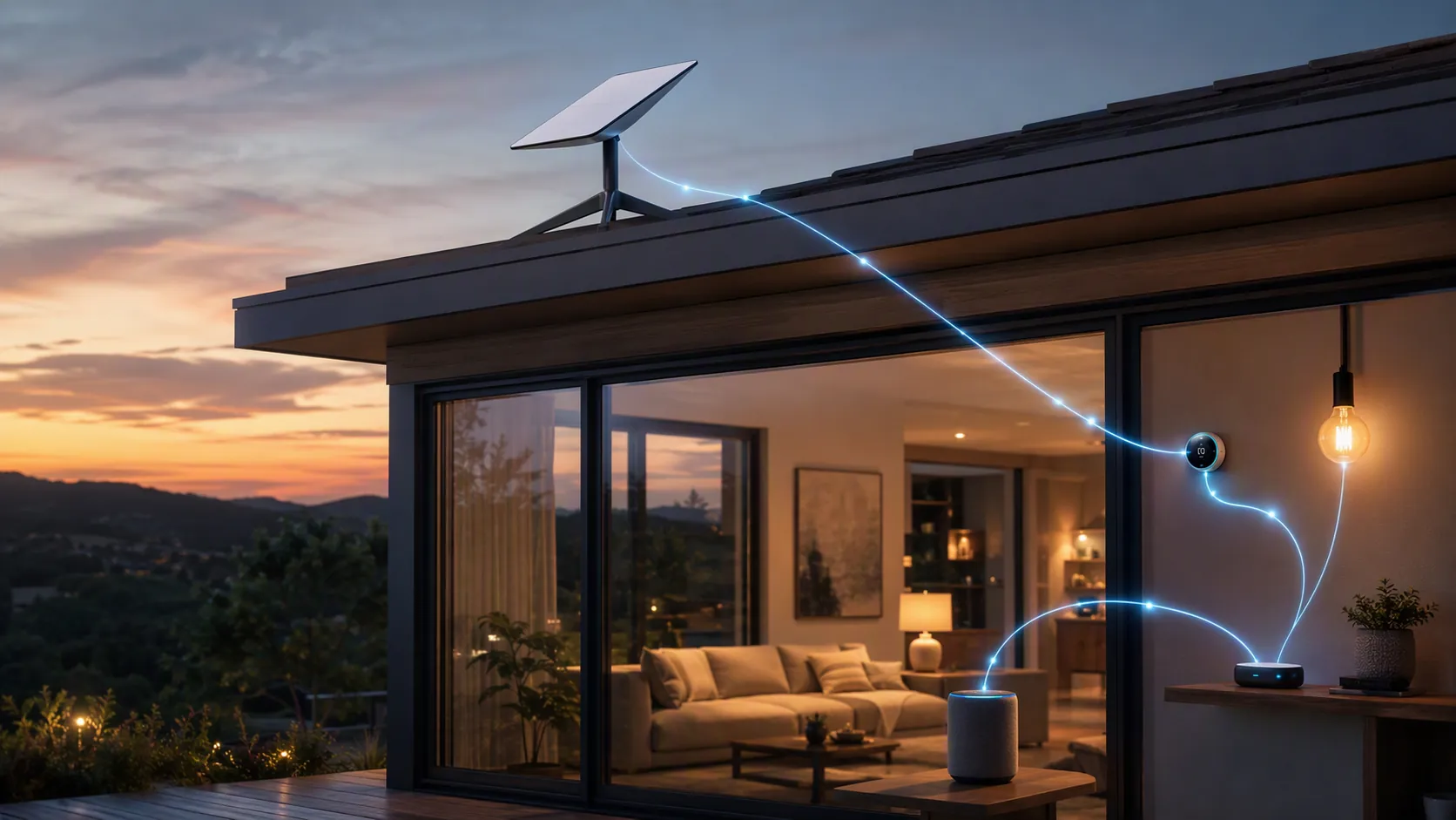 Satellite dish on a modern house with smart home devices visible inside