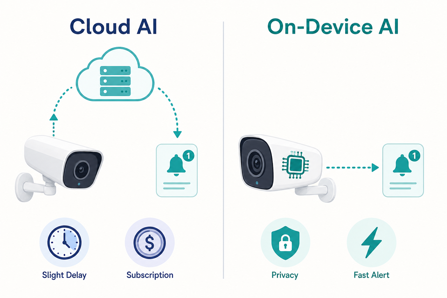 Split illustration comparing cloud AI processing (camera sends data to cloud, returns notification with latency and cost icons) versus on-device AI processing (camera processes locally, sends direct notification with privacy and speed icons).