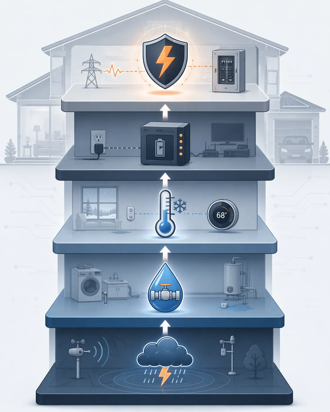 Infographic showing five stacked smart-home storm protection layers from weather alerts to surge follow-up