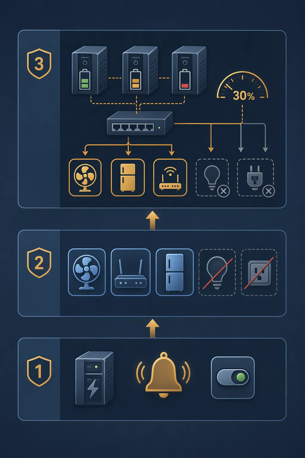 Diagram of three escalating smart home outage automation tiers, from UPS detection to survival mode to multi-UPS load shedding