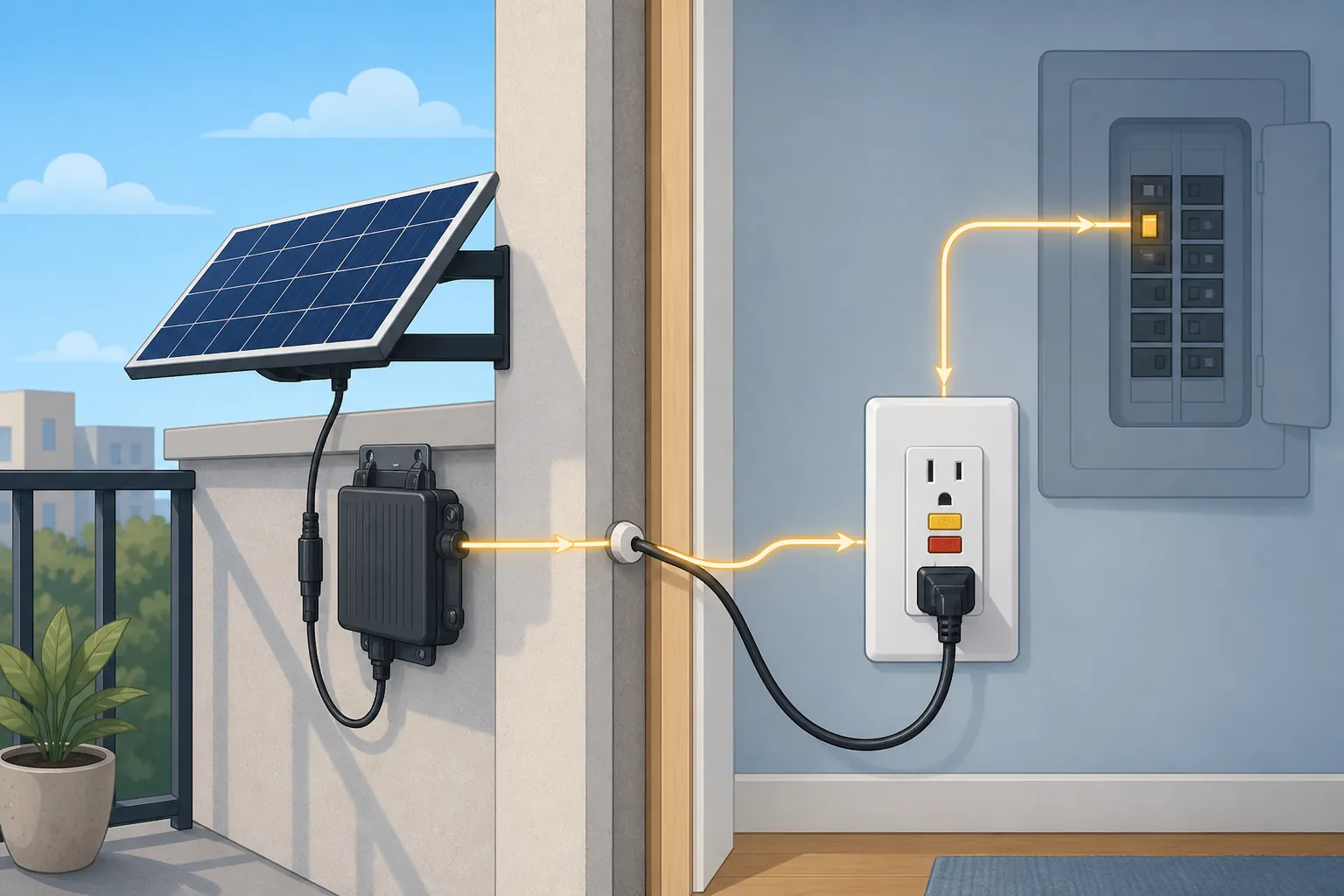 Plug-in solar electrical path showing balcony panel, microinverter, cable, GFCI outlet, and breaker panel